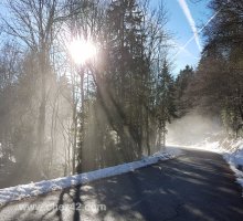 Sunlight shining through the mist at Christmas, Semnoz, near Annecy